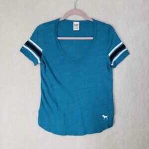 Teal V-Neck T-Shirt with Striped Sleeves
